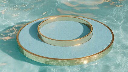 Abstract golden ring on blue platform submerged in water with ripples