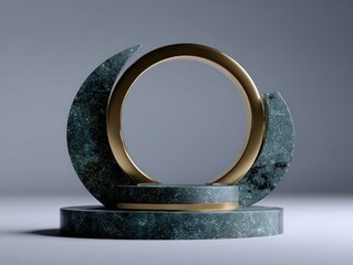 Abstract golden ring on stone podium against a soft gray background for display