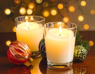 Two lit candles in glasses with baubles and Christmas tree branches