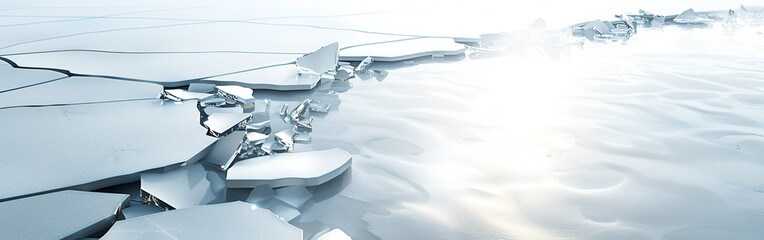 Cracked ice landscape with melting glacier in snowy environment
