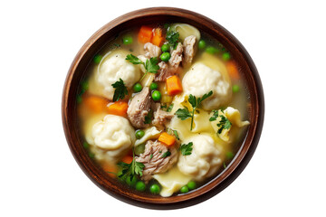 Hot meat pork soup with vegetables and doughboys dumplings in wooden bowl, isolated on white transparent background, concept of New Zealand cuisine