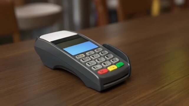 Close-up of a contactless payment terminal with a keypad and screen on a wooden table