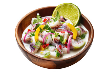 Kokoda seafood ceviche with lime, onions and coconut milk served in wooden bowl isolated on white transparent background, concept of healthy gourmet Fijian cuisine