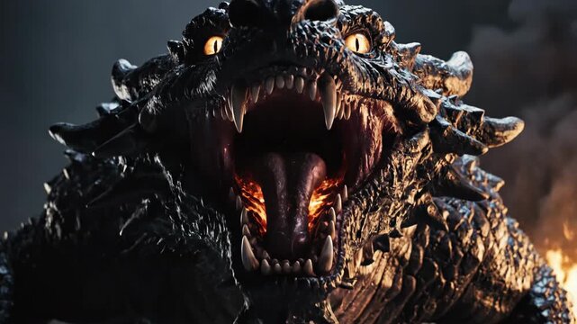Fierce dragon's head with glowing eyes and fiery breath