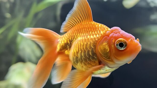 A golden goldfish swimming, facing right, against a blurred background