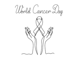 World Cancer Day. Greeting card. Abstract hands  ribbon symbol  fight against cancer, continuous one line drawing sketch logo white background