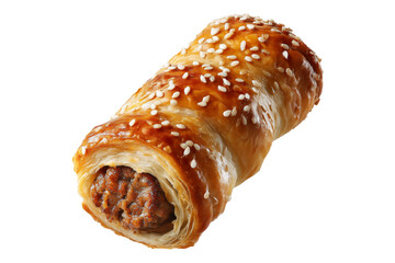 Australia sausage roll with golden puff pastry and meat filling, isolated on white transparent background, concept of baked snacks
