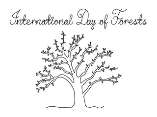 International Day of Forests. Greeting card. Abstract gnarled branching tree, oak , continuous single one line art hand drawing sketch logo on white background