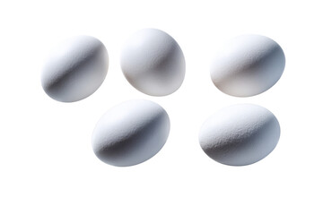 Five white chicken eggs arranged in a scattered pattern on black background food protein, Isolated On White Background, Png Transparent