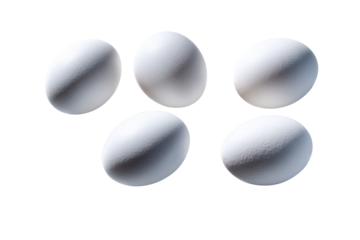 Five white chicken eggs arranged in a scattered pattern on black background food protein, Isolated On White Background, Png Transparent
