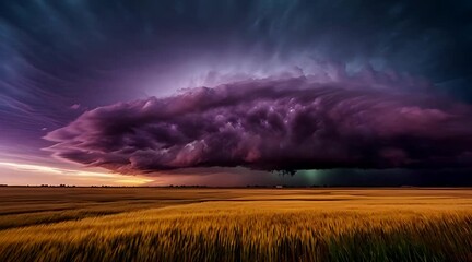 A massive, purple supercell thunderstorm cloud hovers over a vast golden wheat field at sunset, with dramatic lightning strikes flashing within the storm, creating an awe-inspiring and ominous scene - Powered by Adobe