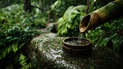 Water flowing from bamboo fountain into basin