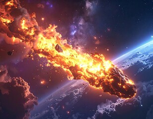 Fiery asteroid hurtling towards Earth, ablaze across cosmic expanse