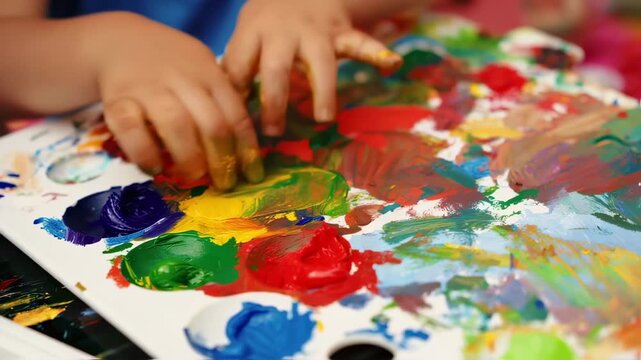 Child's hands explore colorful paints on a palette, creating art