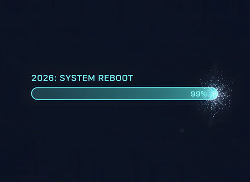 A modern vector illustration of a 'Loading Bar' that is 99% full, with the final 1% made of glowing sparkles. Above it, the text '2026: System Reboot' in a futuristic font.