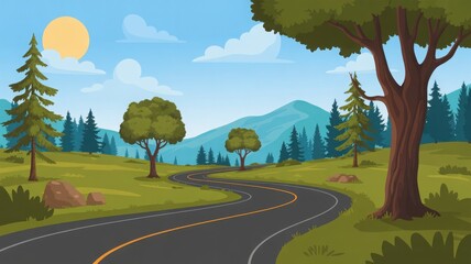 A serene cartoon illustration of a winding road through a lush forest landscape with trees and mountains in the background