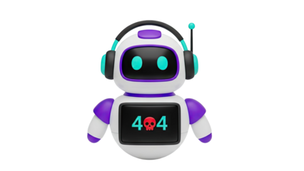 Cute Robot with Headphones Showing 404 Error and Skull Icon