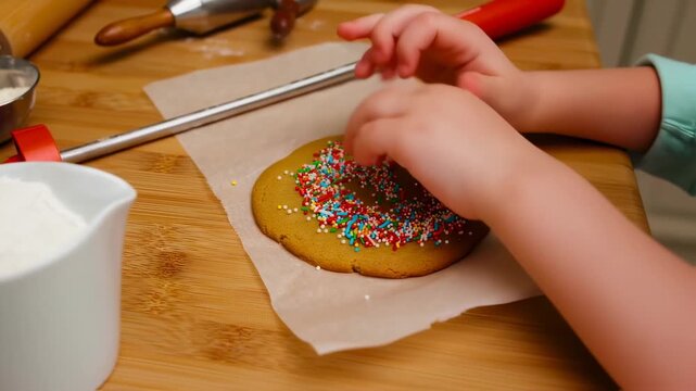 A decorated cookie on parchment paper with baking tools and child hands