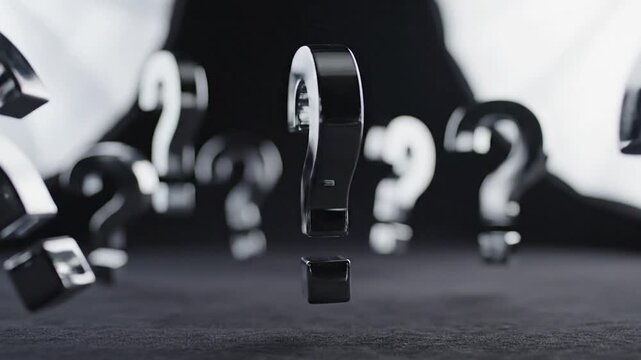 Shiny black question marks float above a dark textured surface
