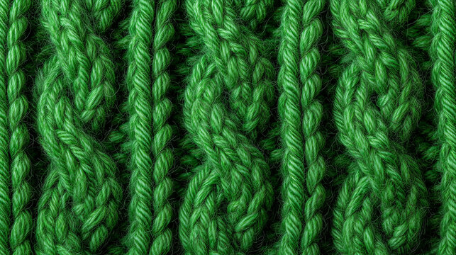 Green knitted fabric texture as background. Wool knitting texture close-up. Texture of knitted fabric with cable knit pattern.