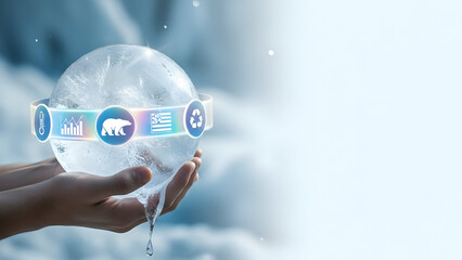 Hands holding melting ice sphere with glowing digital climate change icons and dripping water for global warming concept