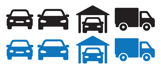 Collection of Car Icons. Black and Blue Vehicles, Garages, and Trucks.