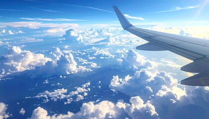 Obraz premium Breathtaking Aerial View from Airplane over the Clouds and Blue Sky Panorama