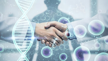 Close up of scientists shaking hands with glowing digital DNA helix and biological cells for medical research partnership concept