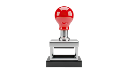 Red and silver stamp with a shiny bulb-shaped handle on transparent background