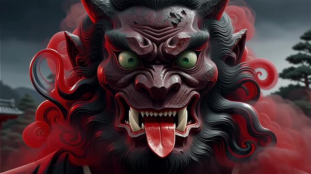 Fierce red japanese oni demon mask with sharp fangs and aggressive expression.oni, japanese demon, demon, mask, red, folklore, mythology, creature, monster, yokai, 
With motion blur and bokeh effect .