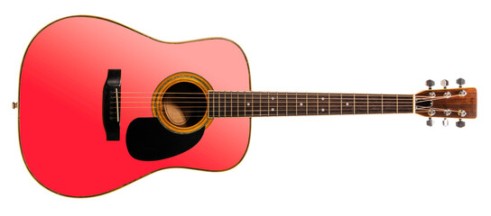 Acoustic guitar with a red wooden body isolated on white background, Classic acoustic guitar on white background with work path PNG File.