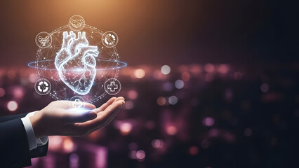 Businessman hand holding glowing digital anatomical heart hologram with medical icons for cardiology technology