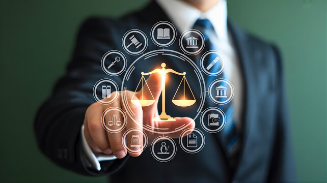 Professional touching digital scales of justice, representing legal advice, law, business solutions, and online justice system management in a modern, technological era