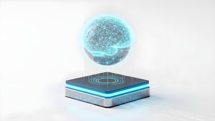 Futuristic AI Processor with Floating Digital Brain &ndash; Clean Tech Background for AI & Machine Learning with Copy Space