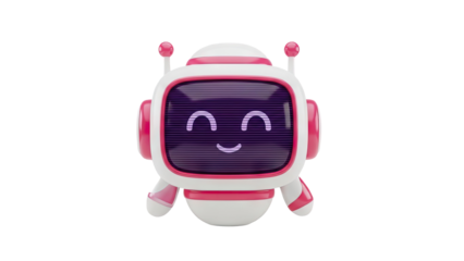 Cute pink and white robot character with happy face on transparent background