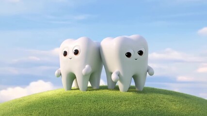Two tooth characters sit back-to-back, relaxed. Comforting 3D animation for dental clinic companionship messaging.