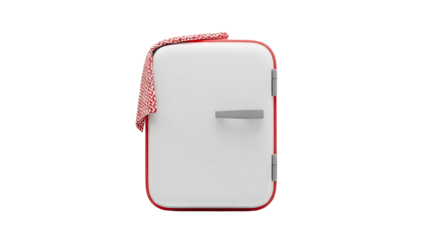 Retro mini fridge with red and white checkered cloth on transparent background