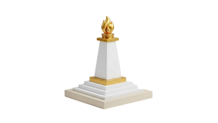 White monument with golden flame on transparent background