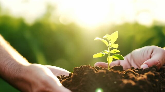 Close-up of hands holding soil with a small green plant, symbolizing growth and nature. 4k Video footage.
