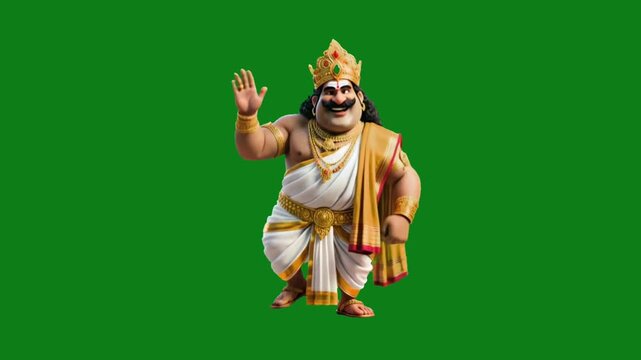 Animated Indian king character waving in traditional attire on green screen