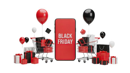 Black Friday sale with shopping carts and gifts on transparent background