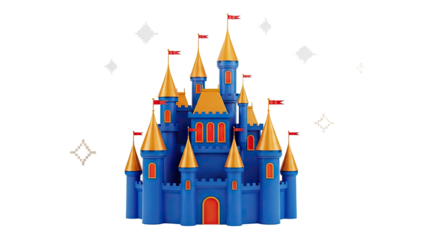 Blue and gold fairytale castle with red flags on transparent background