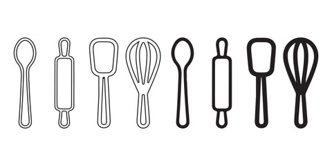 Collection of baking utensils, spoons, rolling pins, spatulas, and whisks.