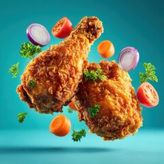 Crispy fried chicken drumsticks with fresh vegetables