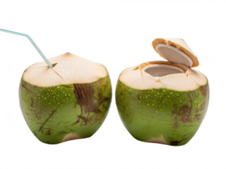 Fresh coconut with straw, isolated on transparent background