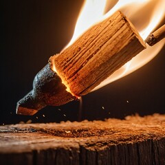 Extreme macro shot of a single match being struck, capturing the initial burst of flame and splintering wood texture