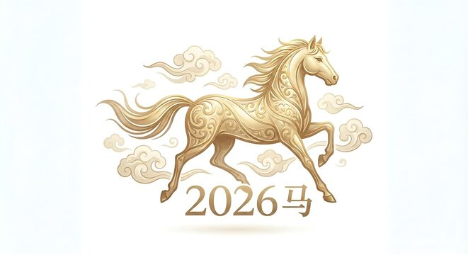 Chinese New Year 2026 Horse Zodiac with Traditional Cloud Motif on White