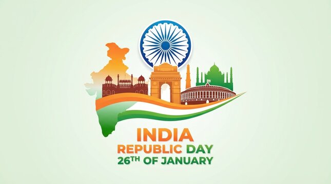 Happy republic day 26th january india shows an emblem with orange green and white colors plus a blue chakra above the text india republic day