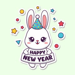 Fototapeta premium A cartoon rabbit wearing a party hat and holding a Happy New Year sign surrounded by colorful stars and shapes