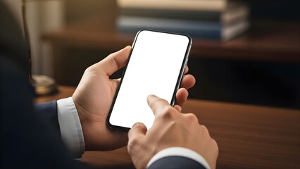 Businessman Hands Touching Blank Smartphone Screen Mockup at Desk
